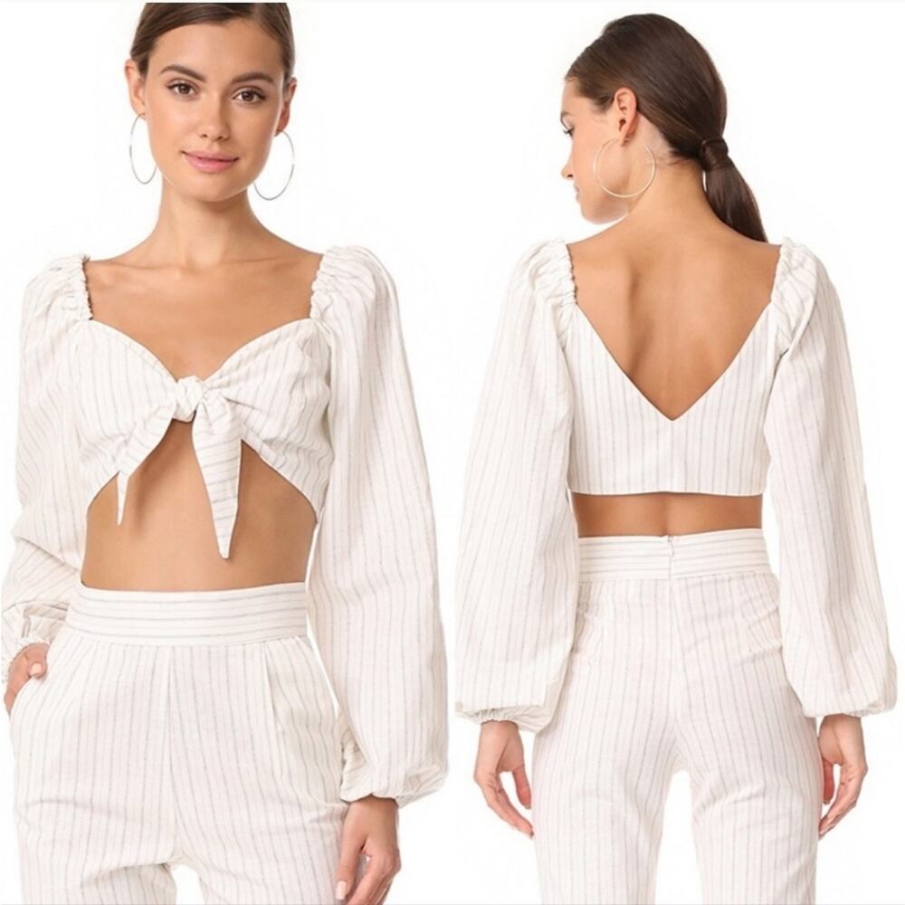 Stone Cold Fox Haven Tie Front Crop Top Cream Stripe Linen Selena Gomez